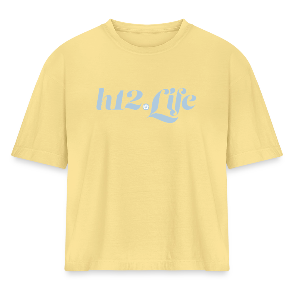 H12 Domain Wordmark Blue Women's Heavyweight Cropped T-Shirt - washed yellow